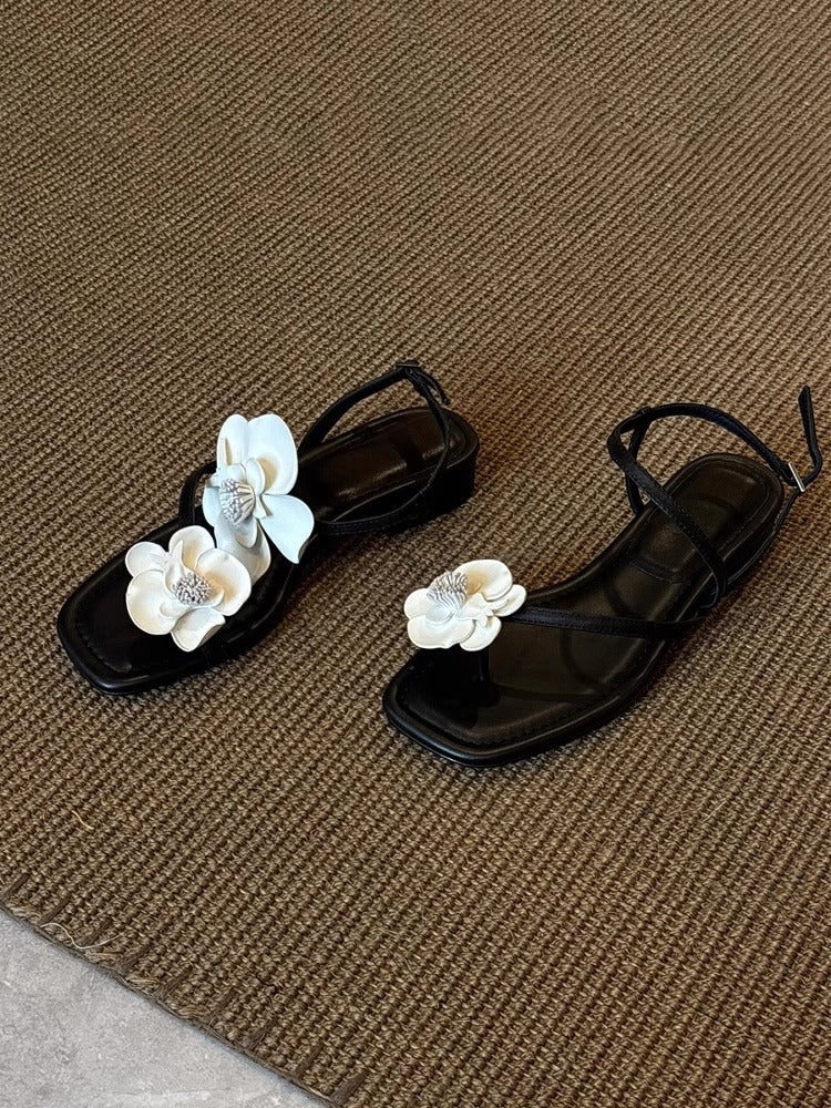 Women's French Floral One-Strap Sandals, New Arrival For Spring & Summer, Fairy Style Soft Leather Open Toe Beach Sandals