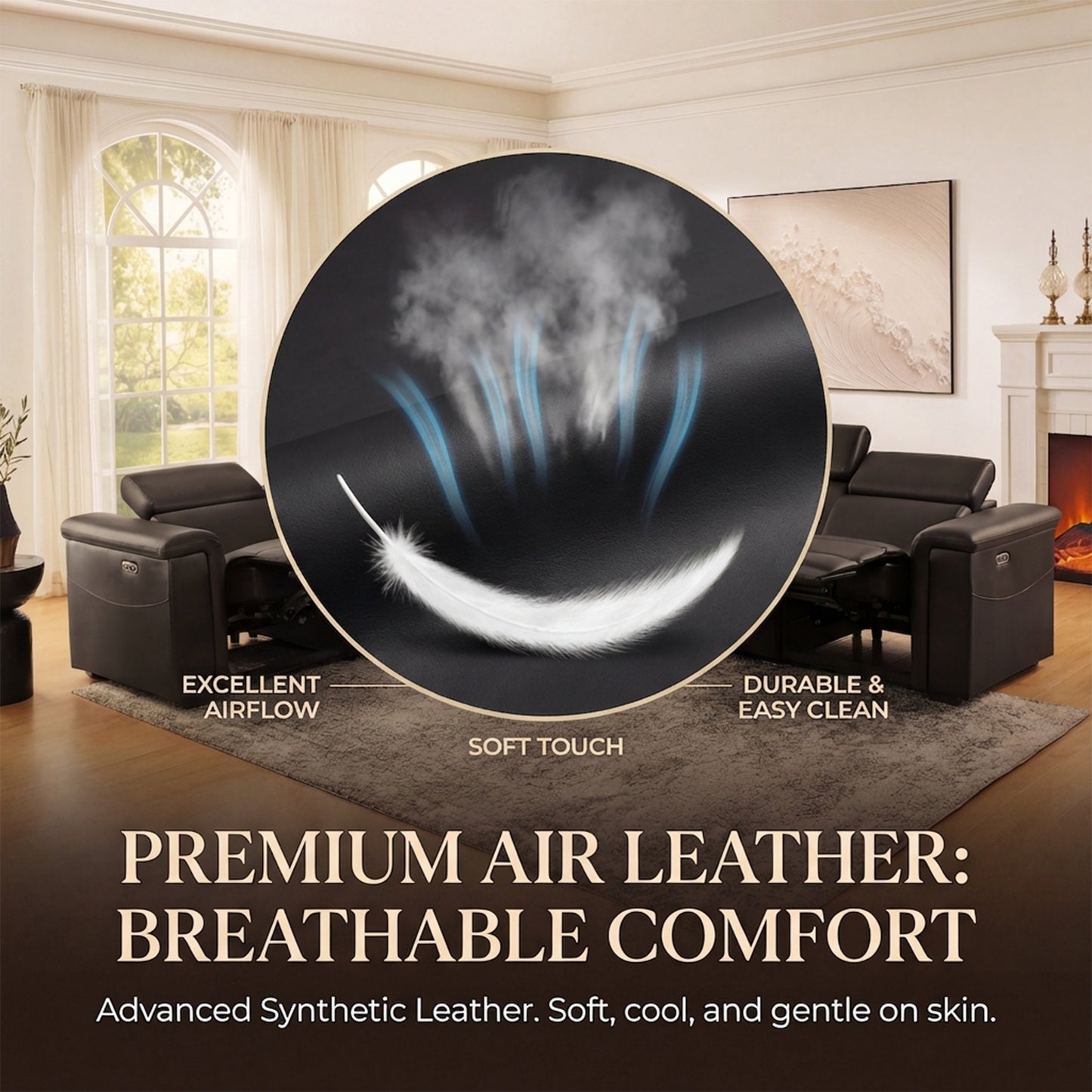 5-Seater Air Leather L-Shaped Powered Recliner Sofa Set with Motorized Lift Cabinet