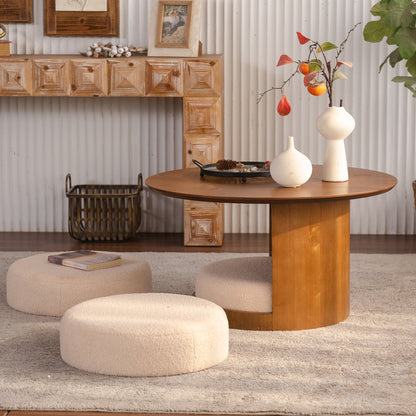 31.5" Round Wood Coffee Table with 3 Teddy Fabric Nesting Stools
