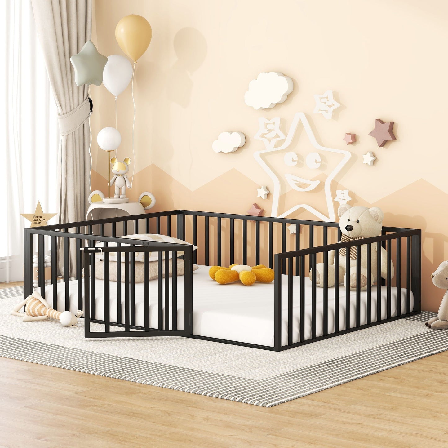 Metal Floor Bed Frame With Fence And Door