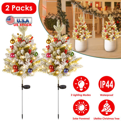 2Pcs Solar Powered Lighted Christmas Tree Urn Filler With Light Artificial Xmas Trees Light with Berries Decor Balls LED Pathway Pine Tree IP44 Waterp