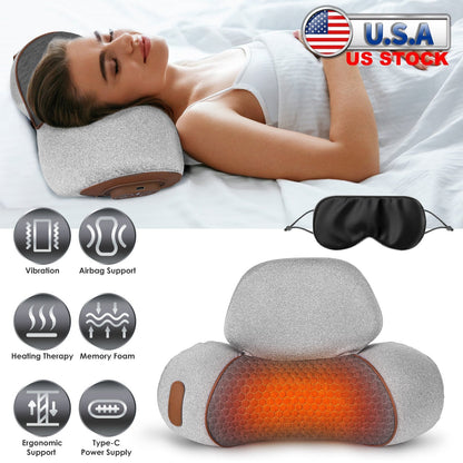 3 In 1 Neck Massager Pillow With Vibration Heating Therapy Airbag Stretching Memory Foam Fillings Ergonomic Cervical Massager With Portable Storage Ba