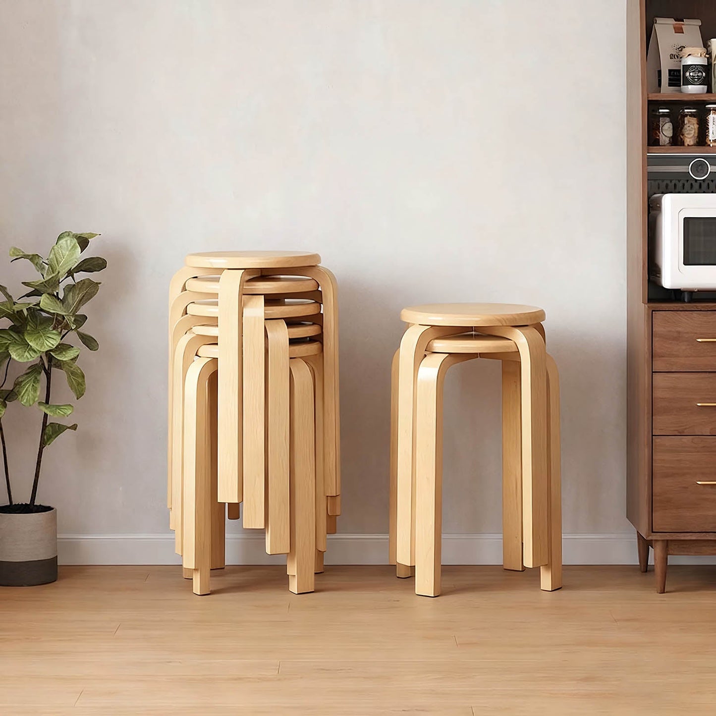 Stackable Bentwood Stool Set of 4, 18" Round Backless Nesting Stools