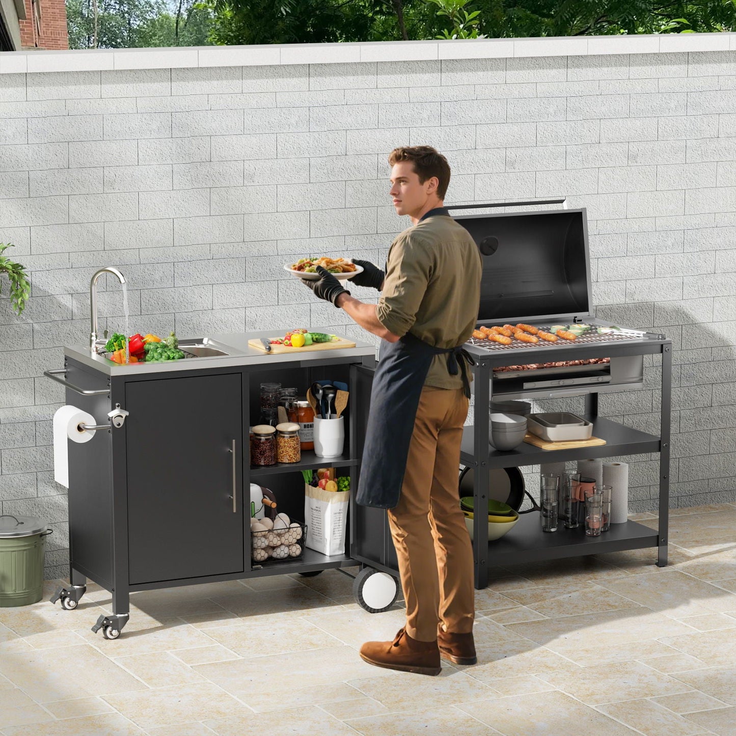 Outdoor Grill Table With Sink, Grill Cart With Sink And Cabinet With Wheels - Black / Silver