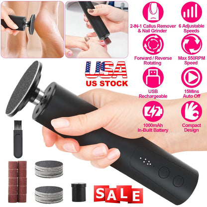 Electric Foot Callus Remover 2 in 1 Rechargeable Foot File Nail Grinder Dead Skin Pedicure Tool Machine with 2 Grinding Heads Total 30Pcs Replaceable