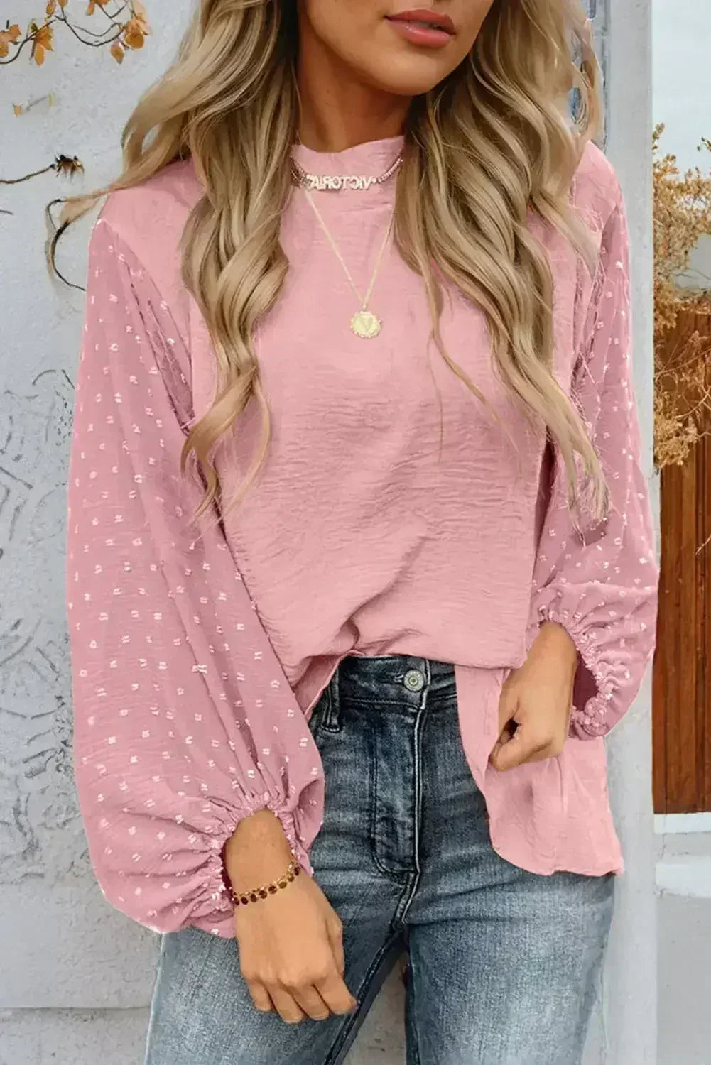 Gossamer Pink Swiss Dot Balloon Sleeve Loose Blouse | Femstylo