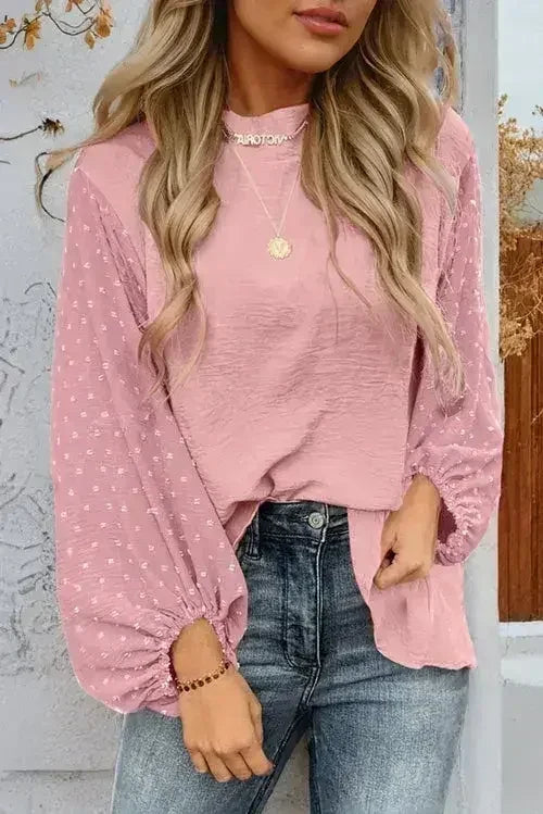 Gossamer Pink Swiss Dot Balloon Sleeve Loose Blouse | Femstylo