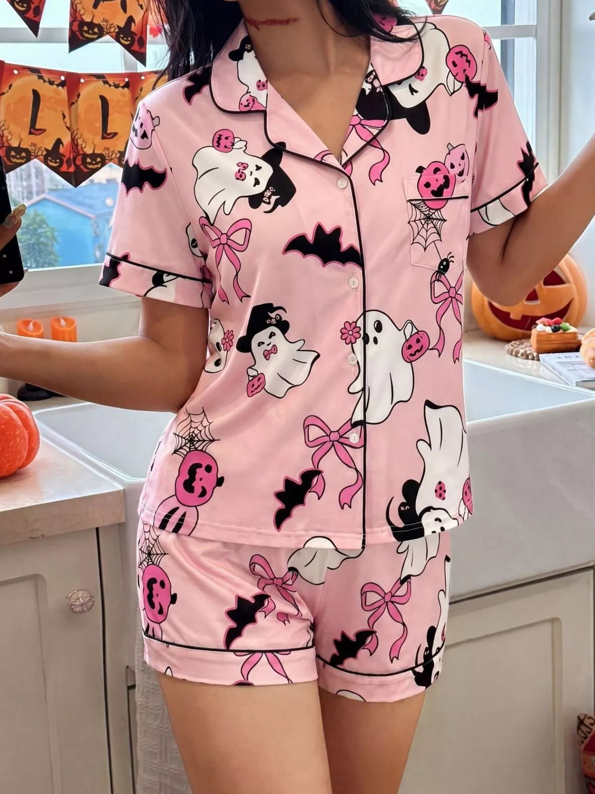 Halloween Ghost Print Button-Down Top and Shorts Lounge Set
