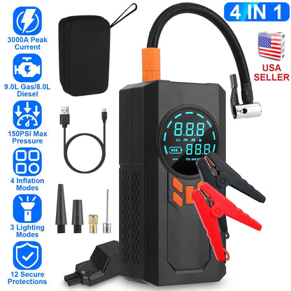 3000A 150PSI 12V Portable Jump Starter with Air Compressor 9.0L Gas/8.0L Diesel Jumper Box with 3 Light Modes Power Bank LCD Display