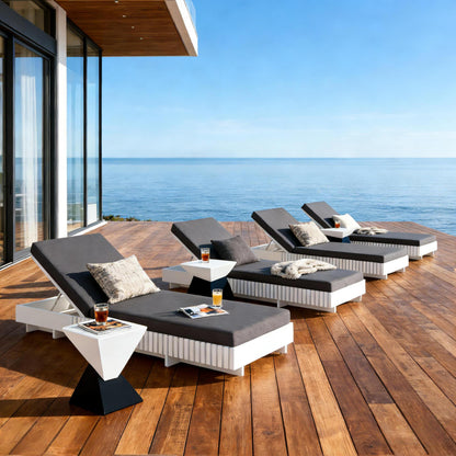 White Acacia Solid Wood Outdoor Chaise Lounge with Dark Grey Cushion