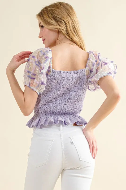And The Why Embellishment Sleeve Smocked Top