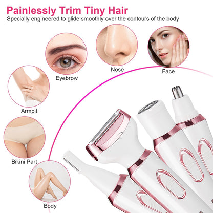 4 In 1 Electric Razor for Women Painless Grooming Kit Rechargeable Eyebrow Nose Hair Pubic Hair Bikini Trimmer Face Shaver