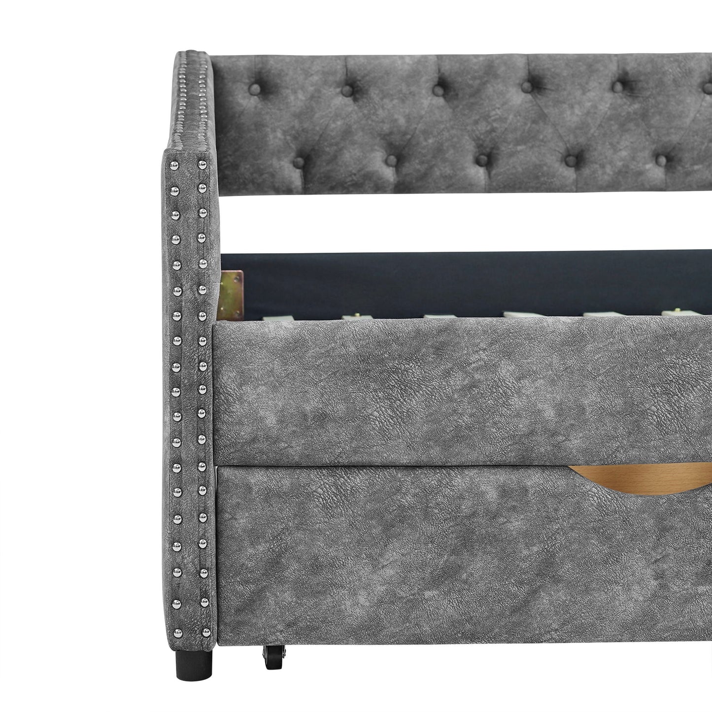 Upholstered Tufted Daybed With 2 Drawers, Waved Arms