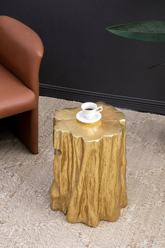 Unique Golden Tree Trunk Stool with Antique Gold Distressed Finish
