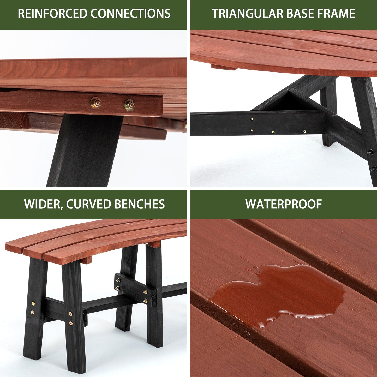 6-Person Semi-Circular Outdoor Solid Fir Wood Picnic Table Set, Rustic