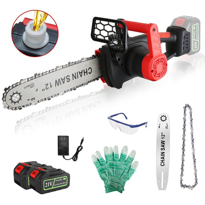 12" Cordless Chainsaw – Brushless, Dual 21V Batteries, Auto Oiler