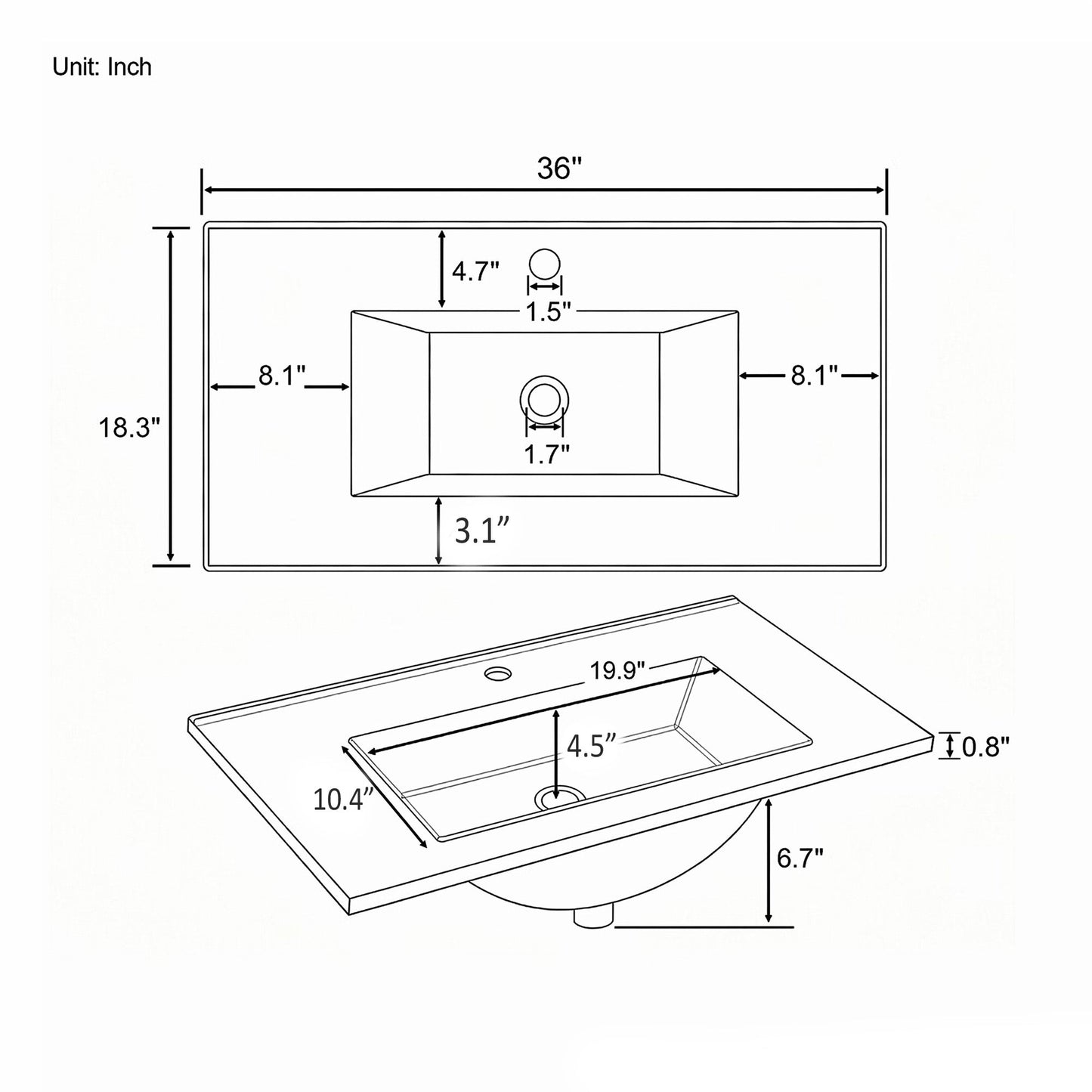 36" Ceramic Basin Sink, 0.8" Ultra-Thin Profile