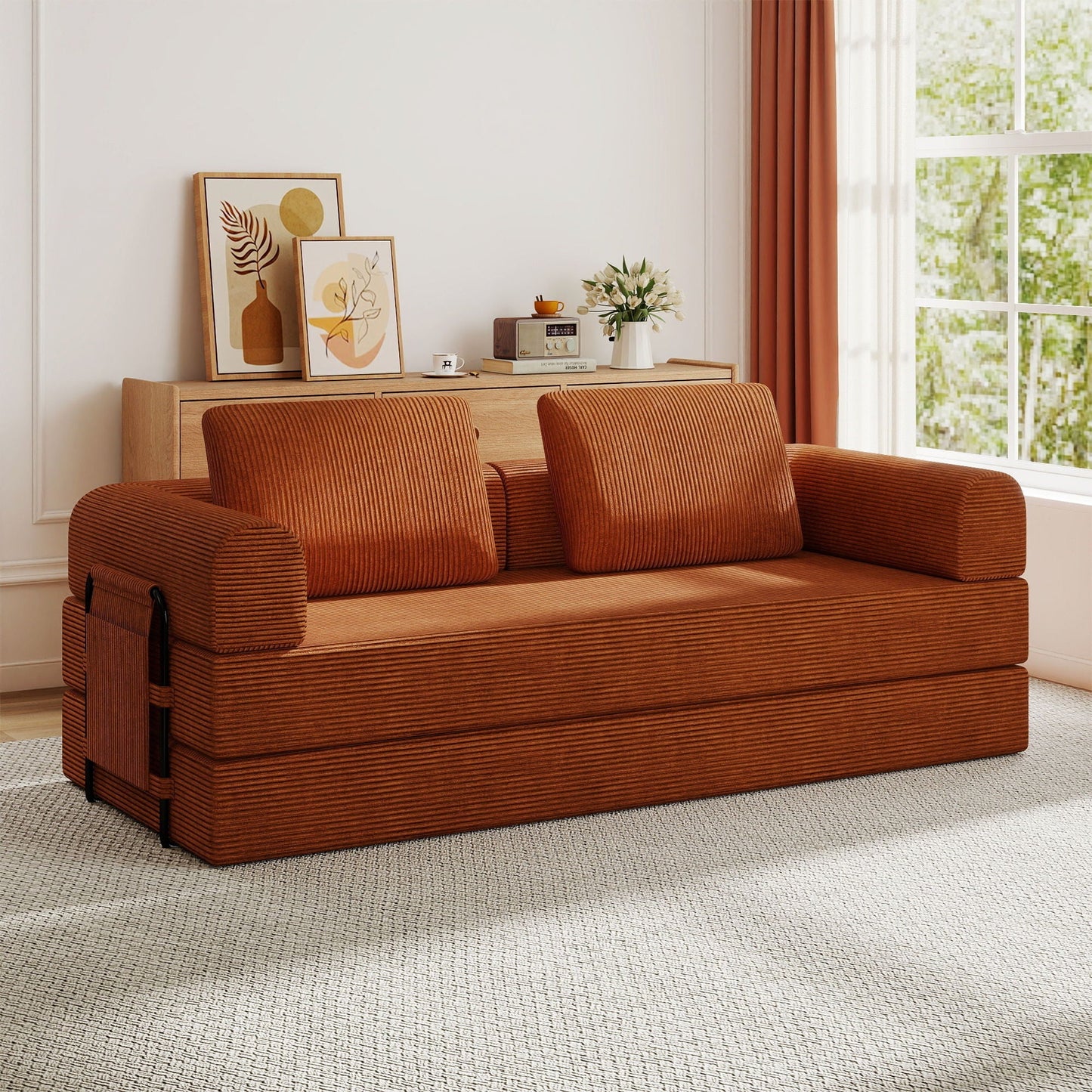 Convertible Sleeper Sofa Bed With Cylindrical Pillow