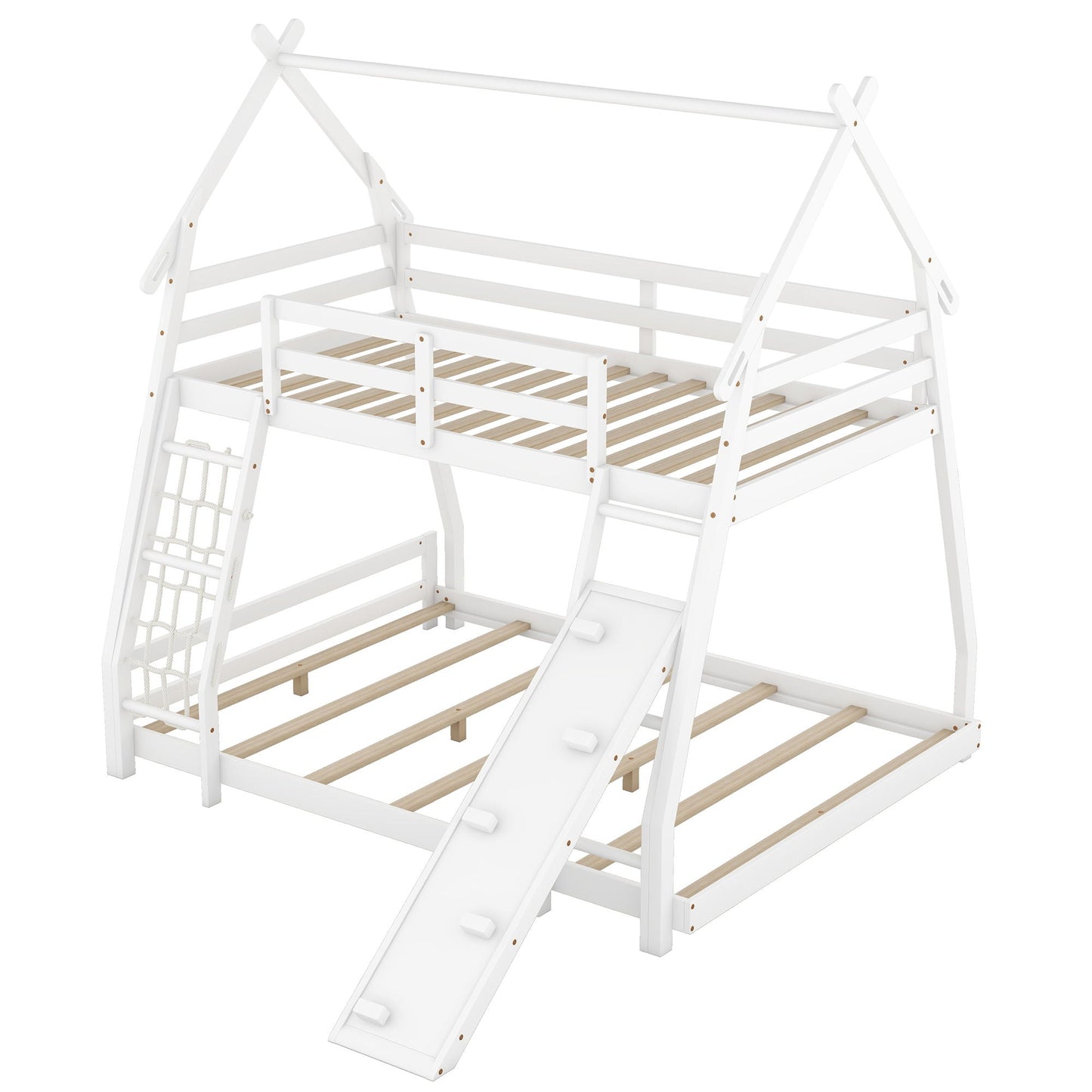 Georgiana - Twin Over Queen House Bunk Bed With Climbing Nets And Climbing Ramp