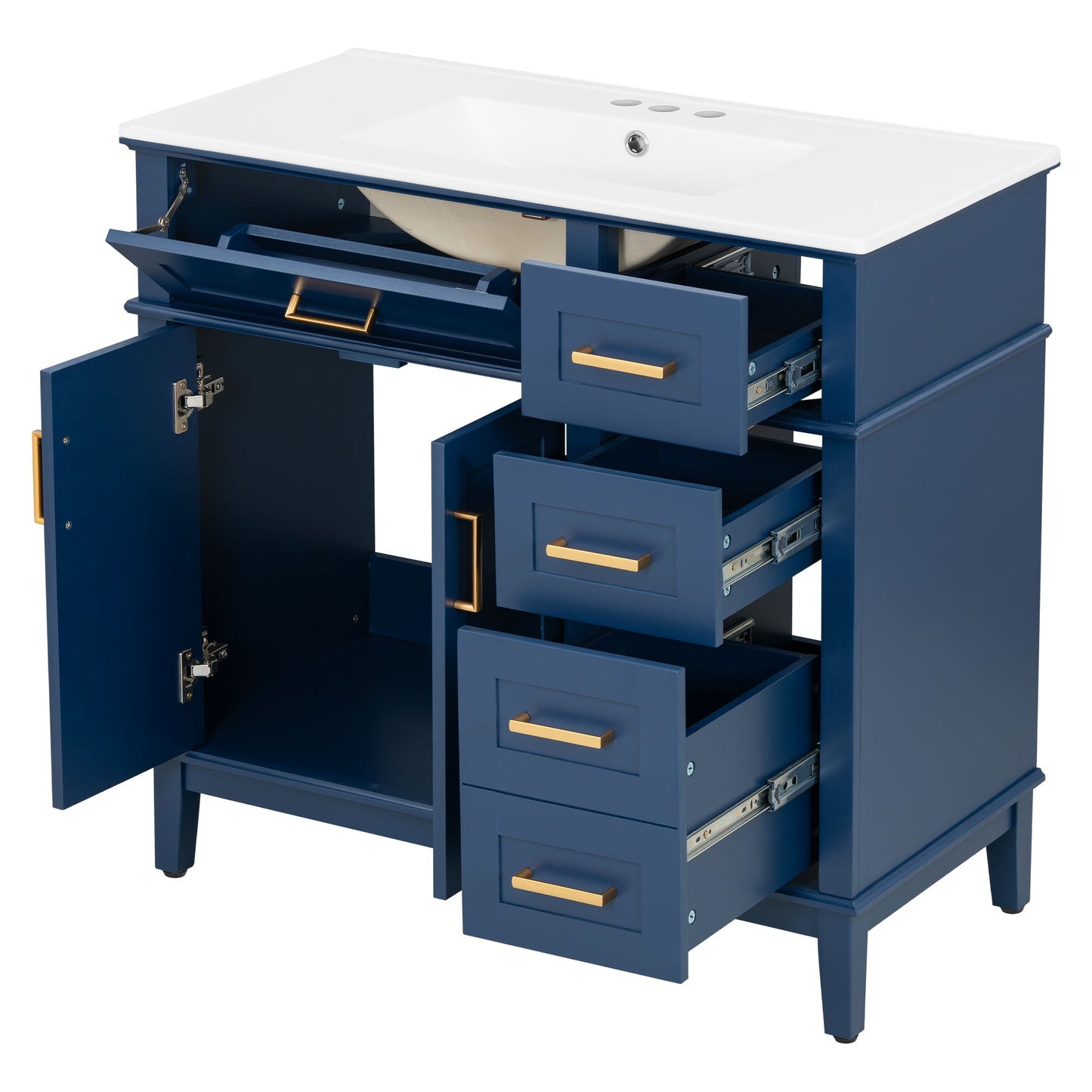 Bathroom Vanity With Ceramic Sink, Soft-Close Doors, 4 Storage Drawers - Blue