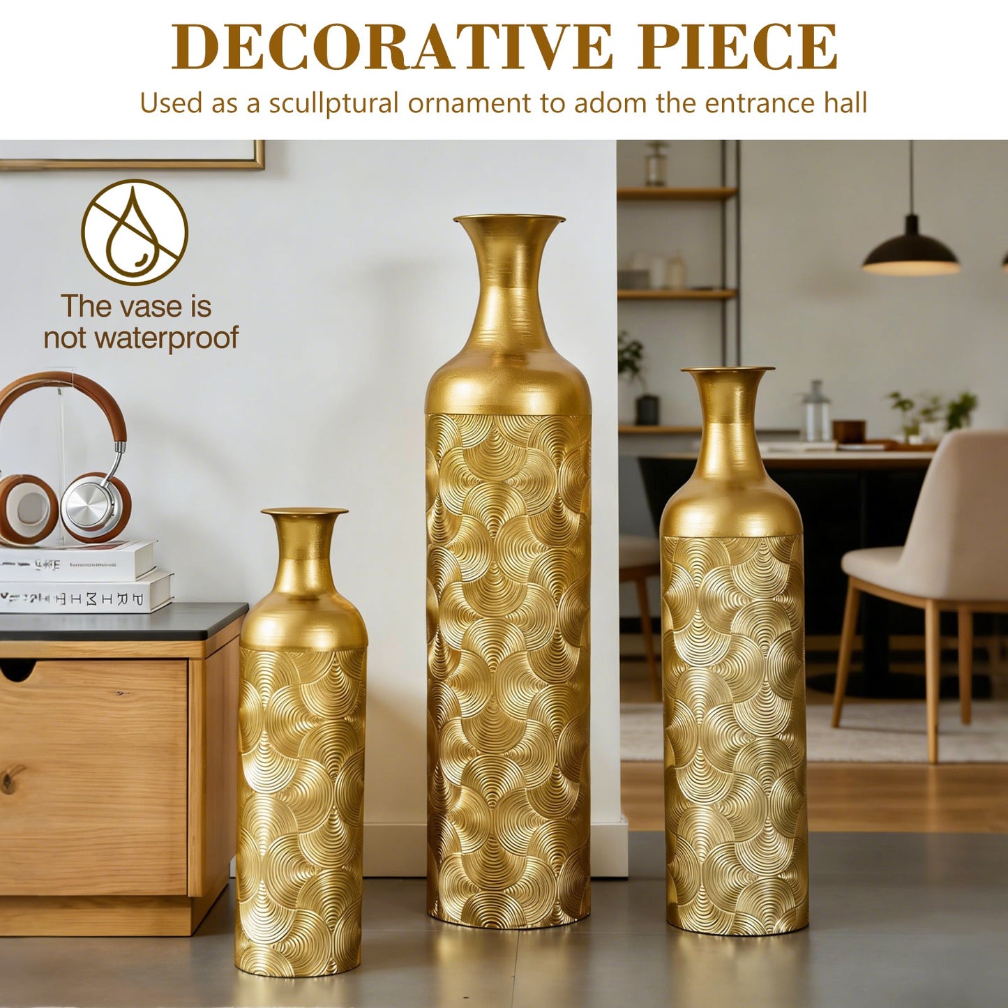 3 Pack Semi-Handcrafted Gold Metal Vase Collection