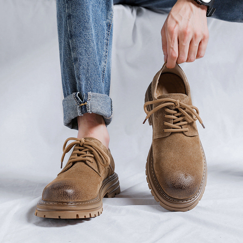 Youthful Round-toe Mens British-style Casual Pigskin Mid-heel Wide-toe Work Shoes