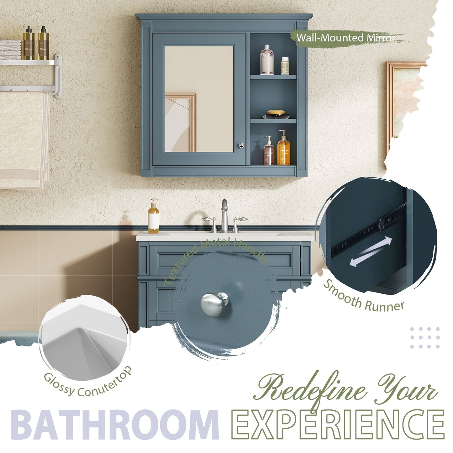 Bathroom Vanity With Medicine Cabinet, Royal Mirror Cabinet, Modern Bathroom Storage Cabinet With 2 Soft Closing Doors And 4 Drawers