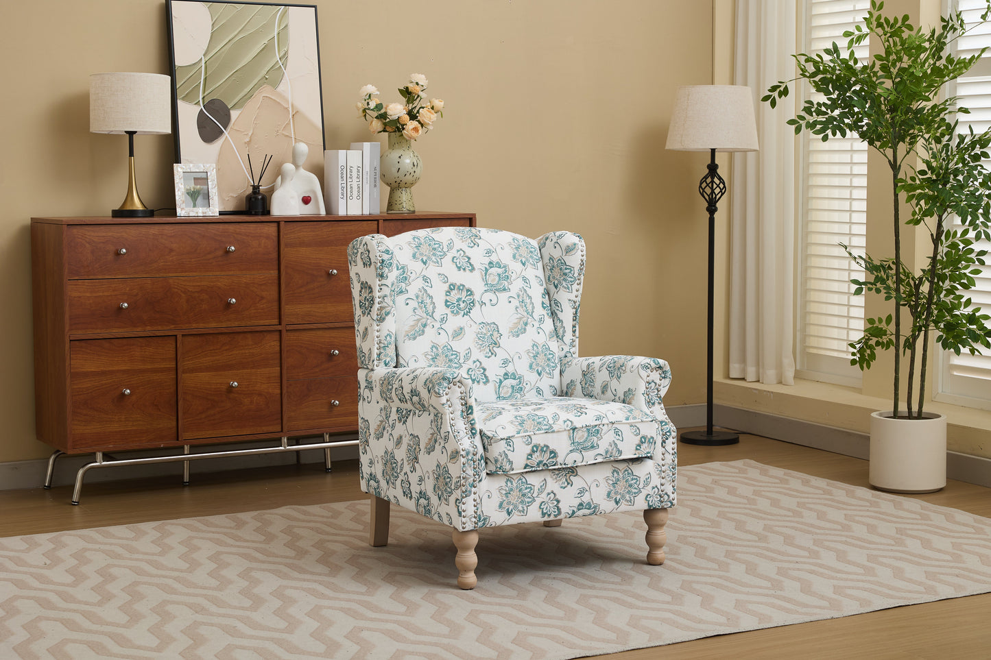Modern Accent Chair with Retro Wood Legs and Floral Design