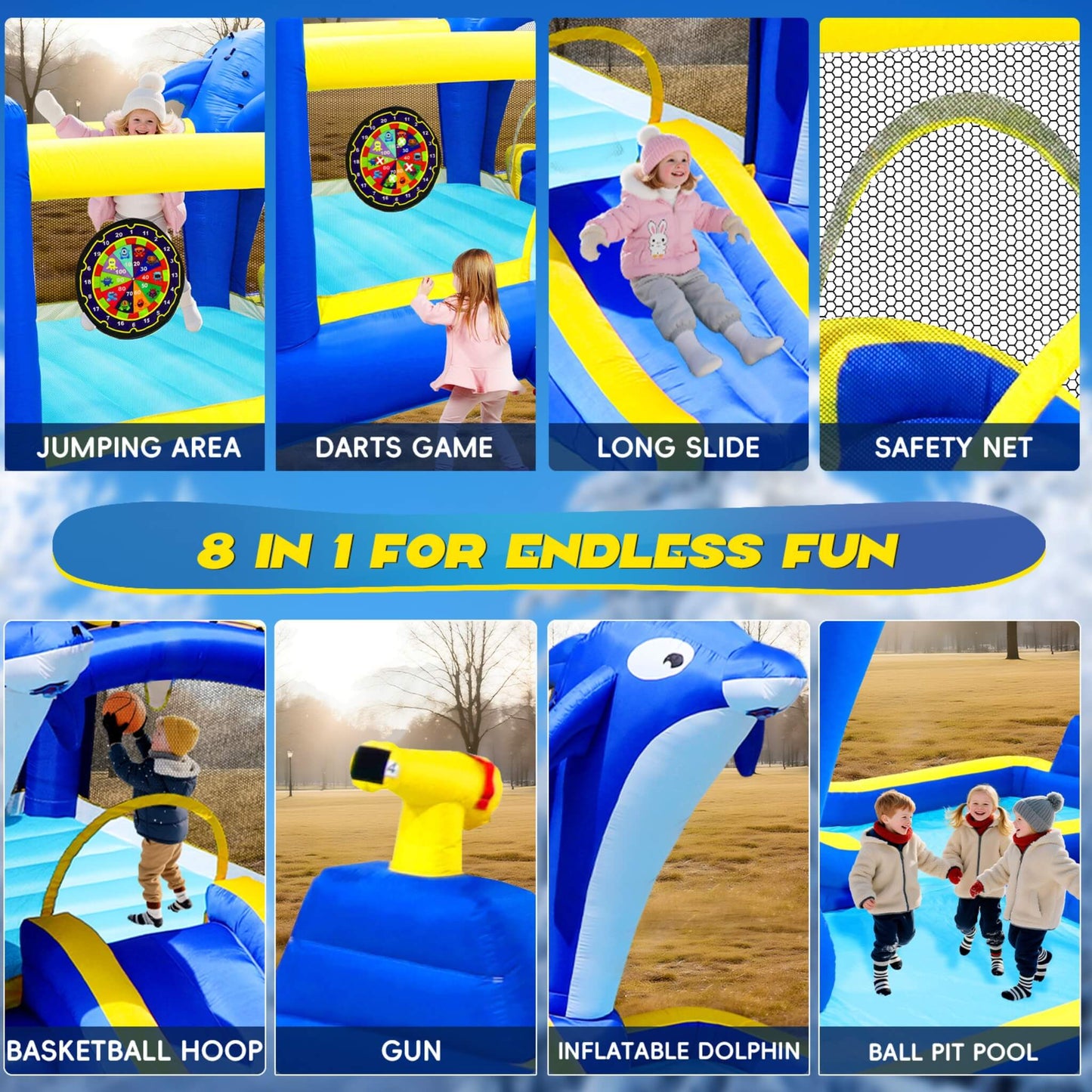 8-In-1 Inflatable Water Park Bounce House with Sprinkler, Water Gun, And Basketball Hoop (SAK38152)