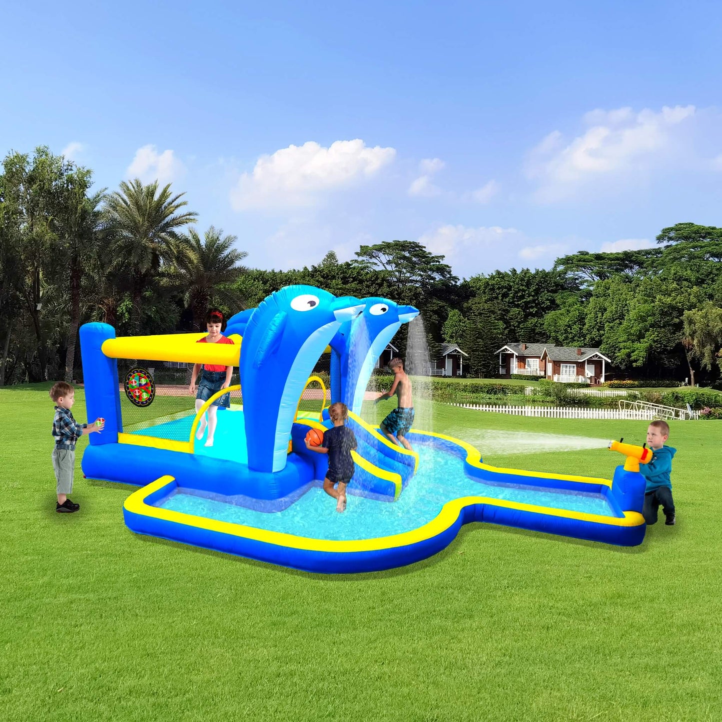 8-In-1 Inflatable Water Park Bounce House with Sprinkler, Water Gun, And Basketball Hoop (SAK38152)
