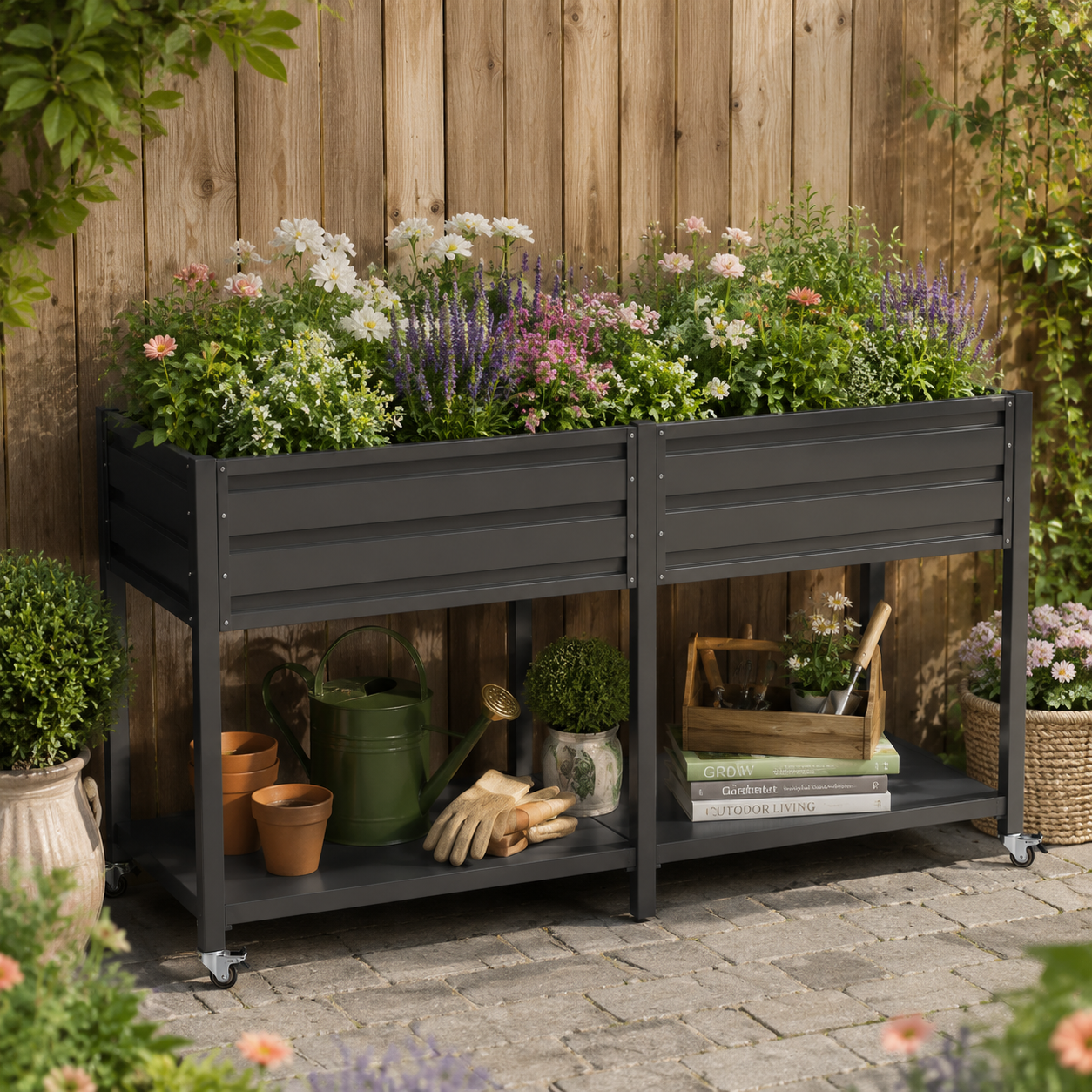 Dual Tier Elevated Metal Raised Garden Bed with Lockable Wheels & Lower Storage Shelf