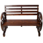 Rustic Country 2 Person Wooden Wagon Wheel Bench With Slatted Seat And Backrest - Brown