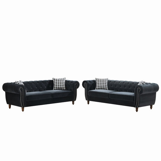 Chesterfield Upholstery Fabric Sofa With Roll Armrest & Nailhead, Mid Century Modern 3 And 3 Seater Couch