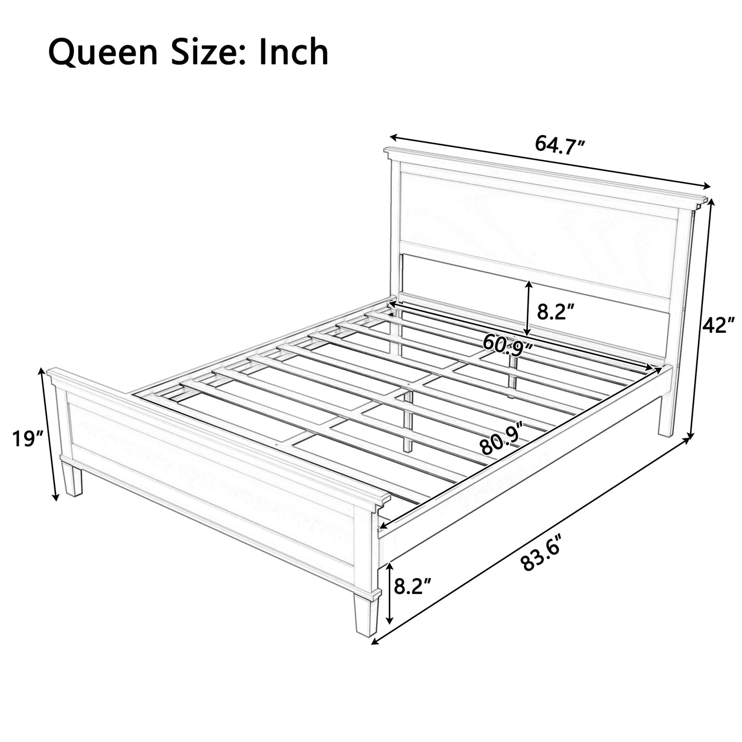 Mid-Century Modern Wood Platform Bed, Queen Size