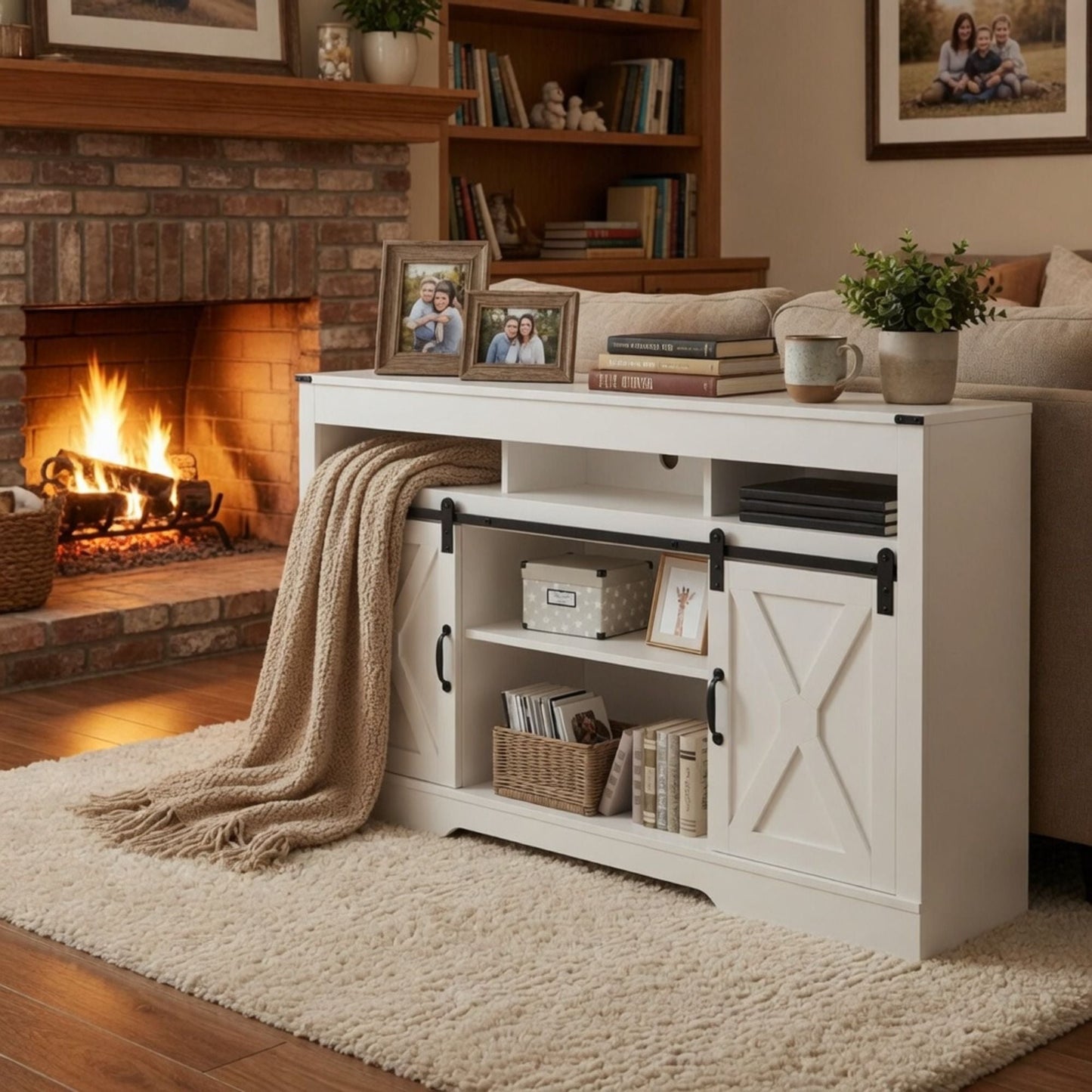 Farmhouse TV Stand With Sliding Barn Doors & Adjustable Storage