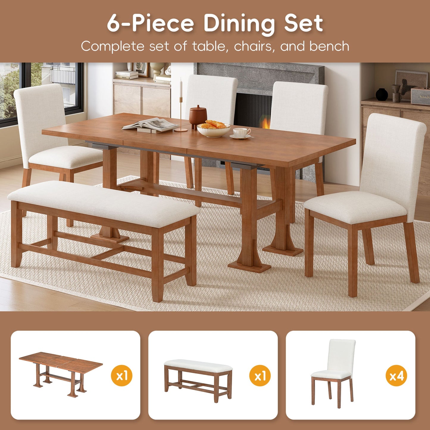 TOPMAX Farmhouse 76inch 6-Piece Extendable Dining Table Set