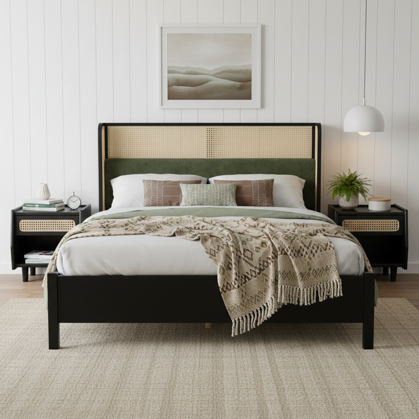 King Size Bed Frame with Black Frame and Green Upholstered Headboard