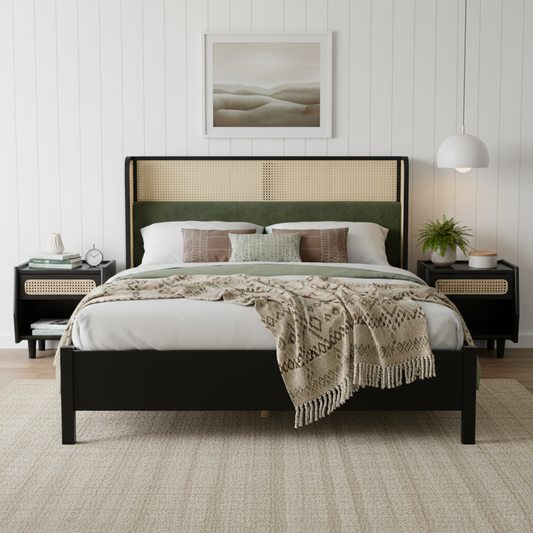 King Size Bed Frame with Black Frame and Green Upholstered Headboard