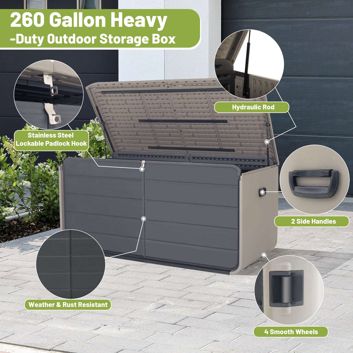 260 Gallon Plastic Deck Box with Lock and Wheels