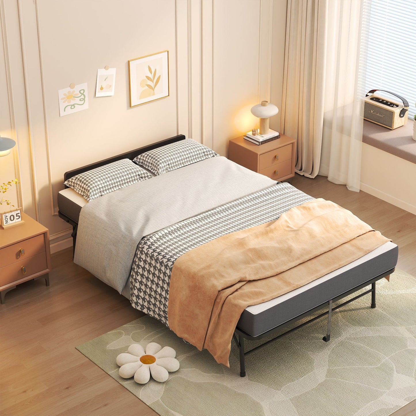 Twin Wide Folding Bed with Adjustable Headboard and Memory Foam Mattress