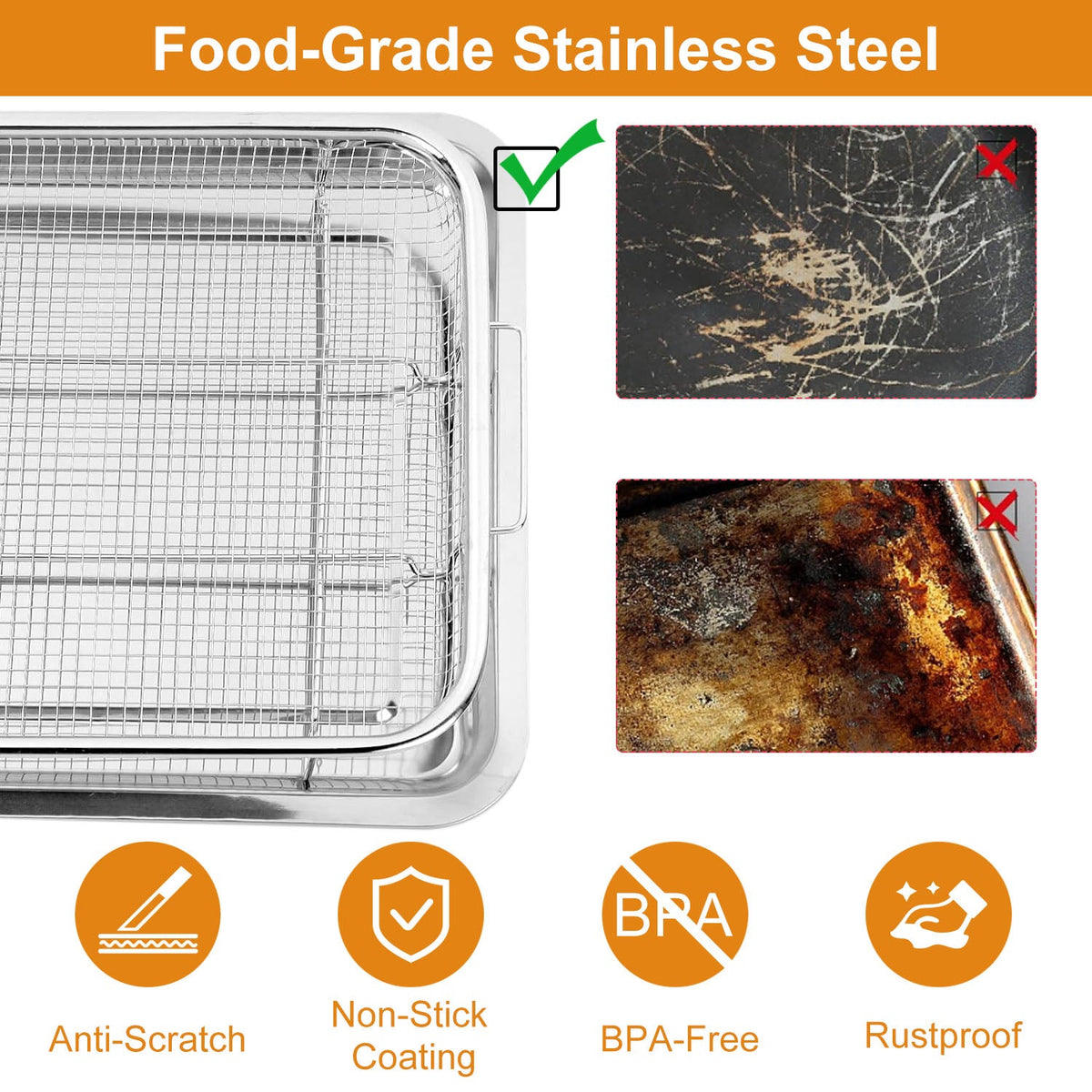 2Pcs Air Fryer Basket Tray 15.35x11.61in Stainless Steel Rustproof Non-Stick Oven Pan and Tray For Bake Grill Crispy Food Dishwasher Safe