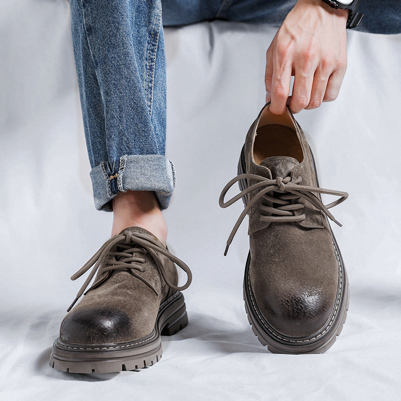 Youthful Round-toe Mens British-style Casual Pigskin Mid-heel Wide-toe Work Shoes