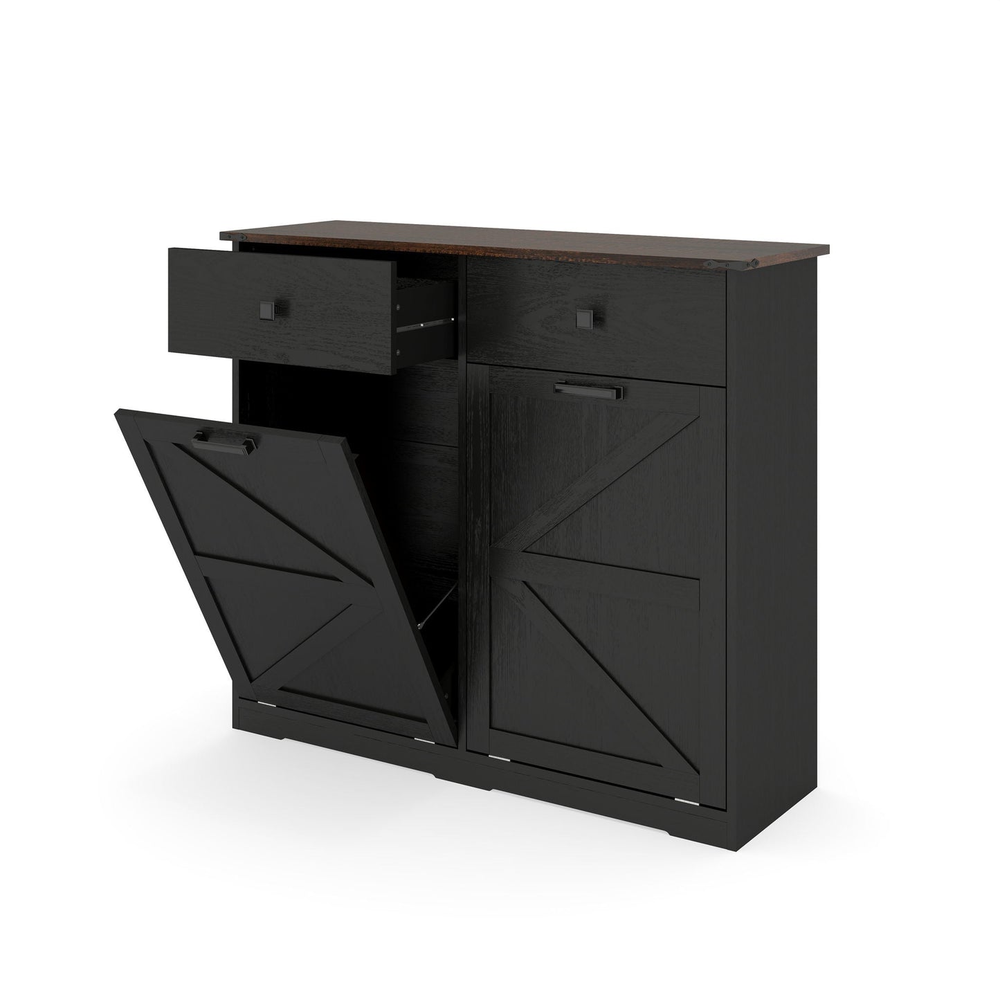 Double Tilt Out Trash Cabinet With Hideaway Drawer And Barn Door Style
