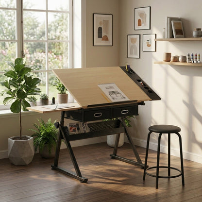 Adjustable Drawing Drafting Table Desk With 2 Drawers - Maple