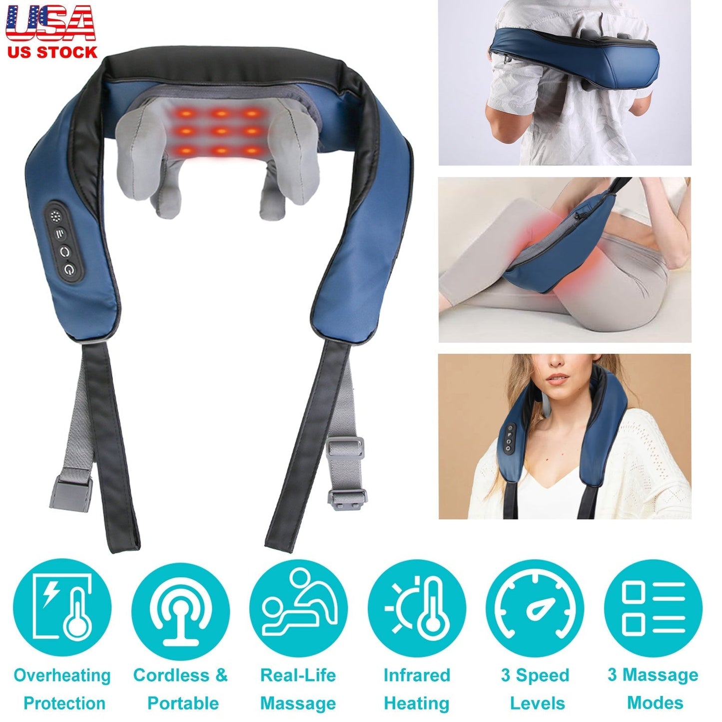 Electric Neck Shoulder Massager with Infrared Light Heating 3 Massage Modes Speeds Kneading Grasping Shiatsu Massage Pillow For Back Arms Thighs Relea