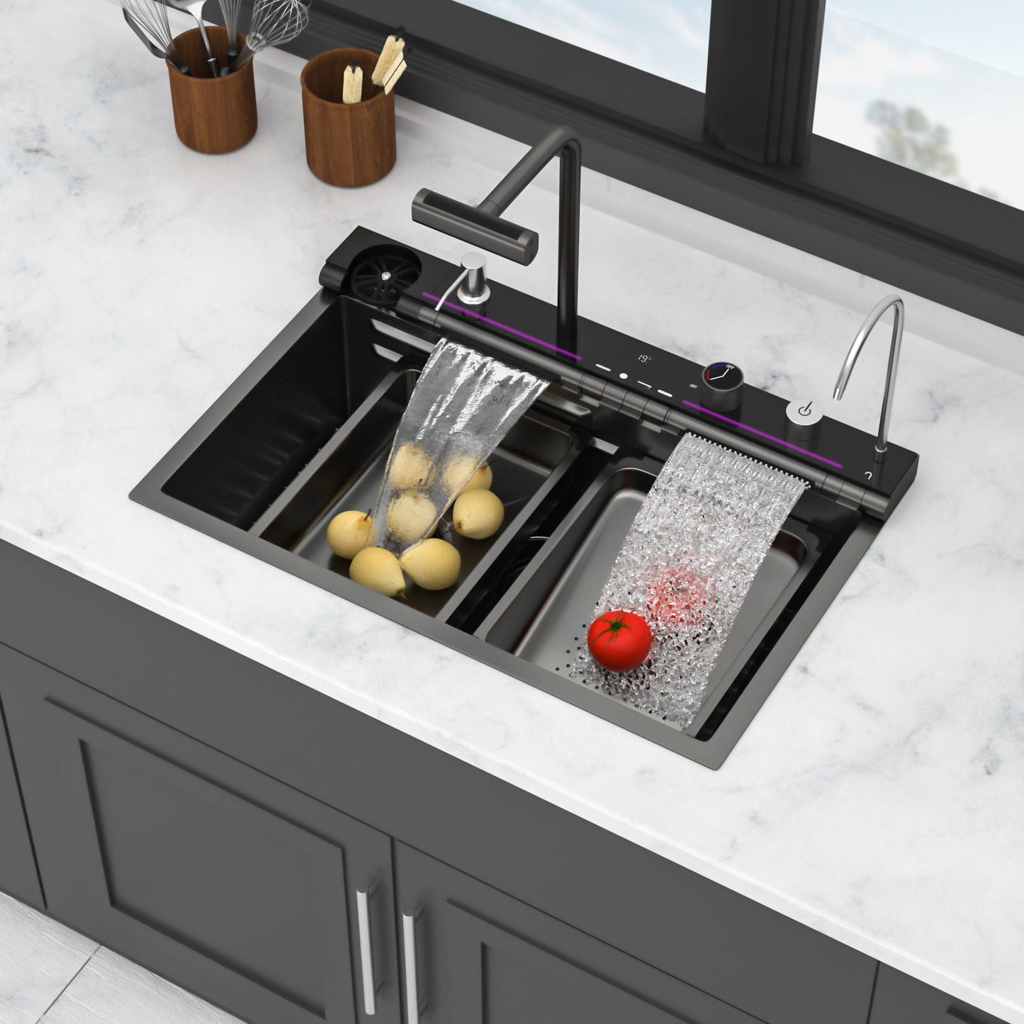 30" Single Bowl Kitchen Sink With Smart LED Faucet