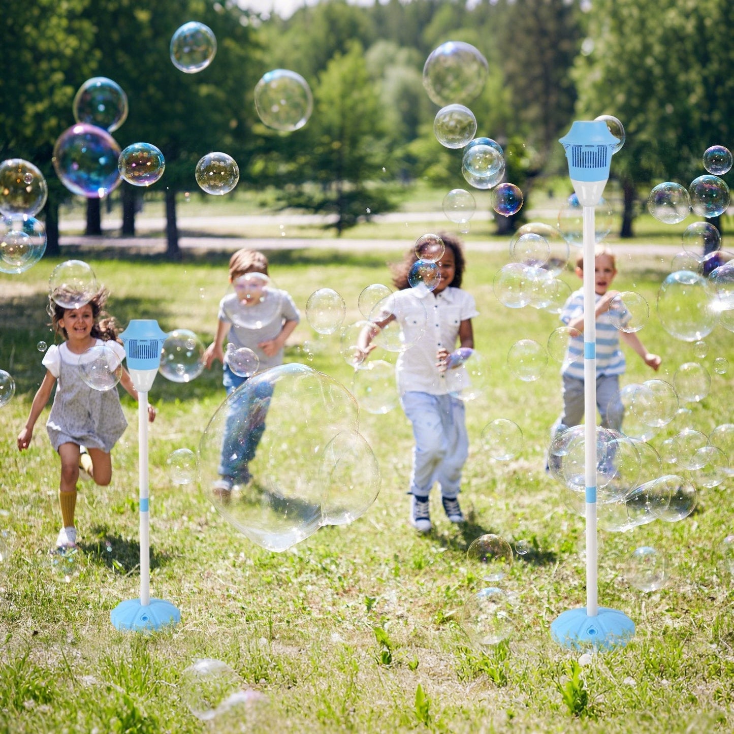2Pack 3 In 1 Standing Bubble Machines with Colorful Lights and Music Rechargeable Bubble Maker Stands with 2 Modes 3 Adjustable Height for Party Weddi