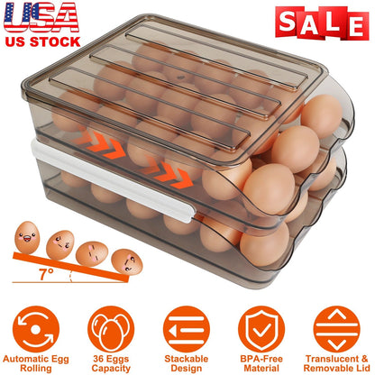 Egg Container Holder for Refrigerator Double Layer Egg Storage Box with Lid Automatic Rolling Egg Box Organizer Bin Tray Rack 36 Eggs