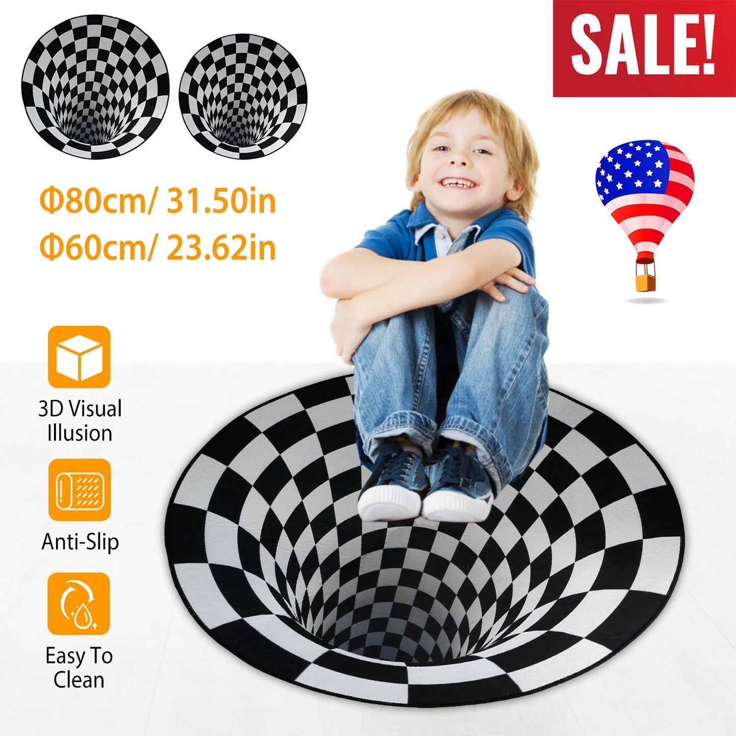 3D Visual Floor Area Mat Anti-slip Illusion Rug Doormat Round Living Room Carpet Mat
