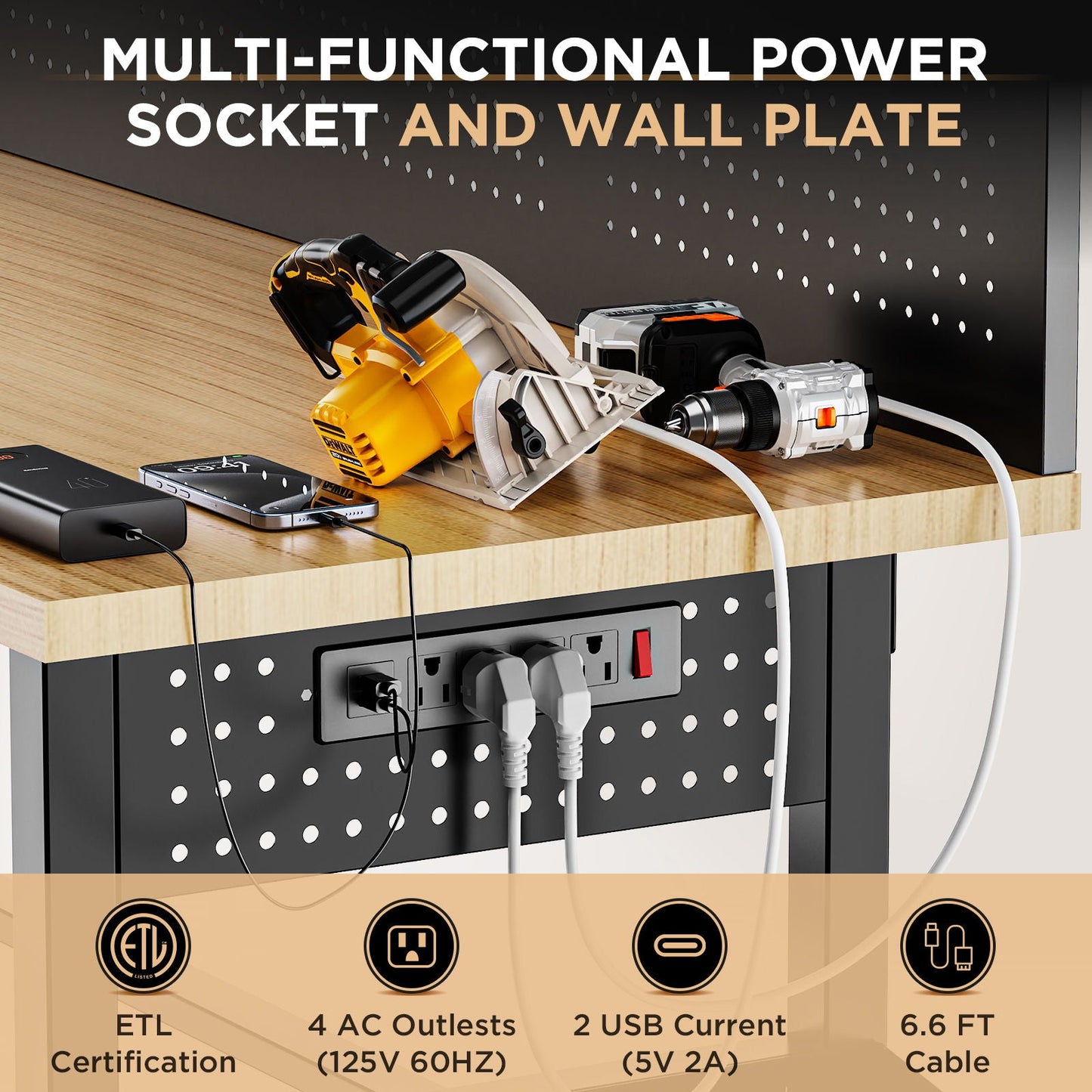 Adjustable Height Workbench, Includes Drawers, Power Outlet, LED Light, Wheels Or Leveling Feet - Black